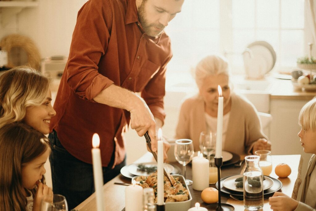 A family is having lunch at home