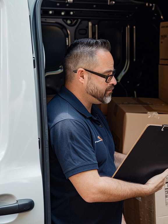 a mover holding a clipboard standing on the side of a van checking boxes for moving