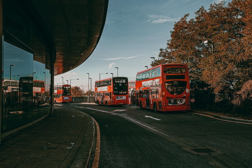 Several double-decker buses on the road