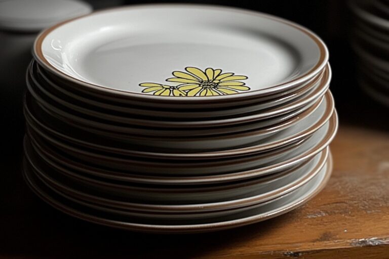 Stack of plates on a wooden table in the concept of 'how to pack fragile items when moving to Clapham'.