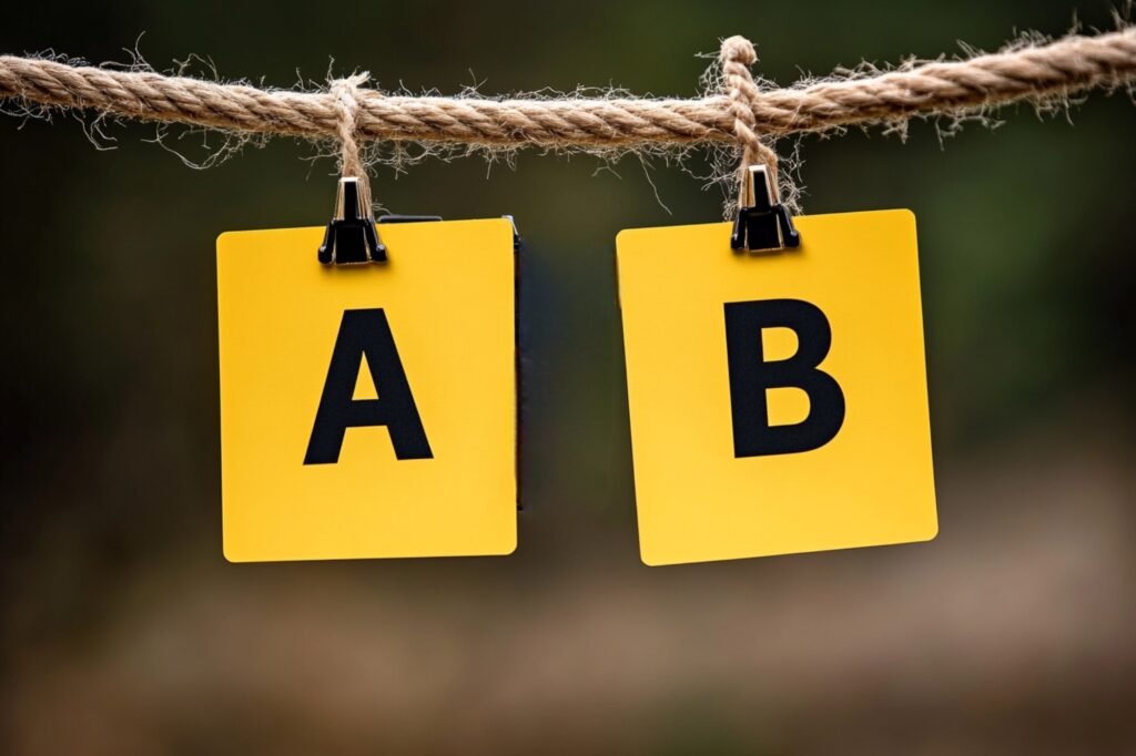 Two yellow cards hanging by a rope with the letters 'A' and 'B' in the concept of "How to Choose the Best Home Removals Company'.